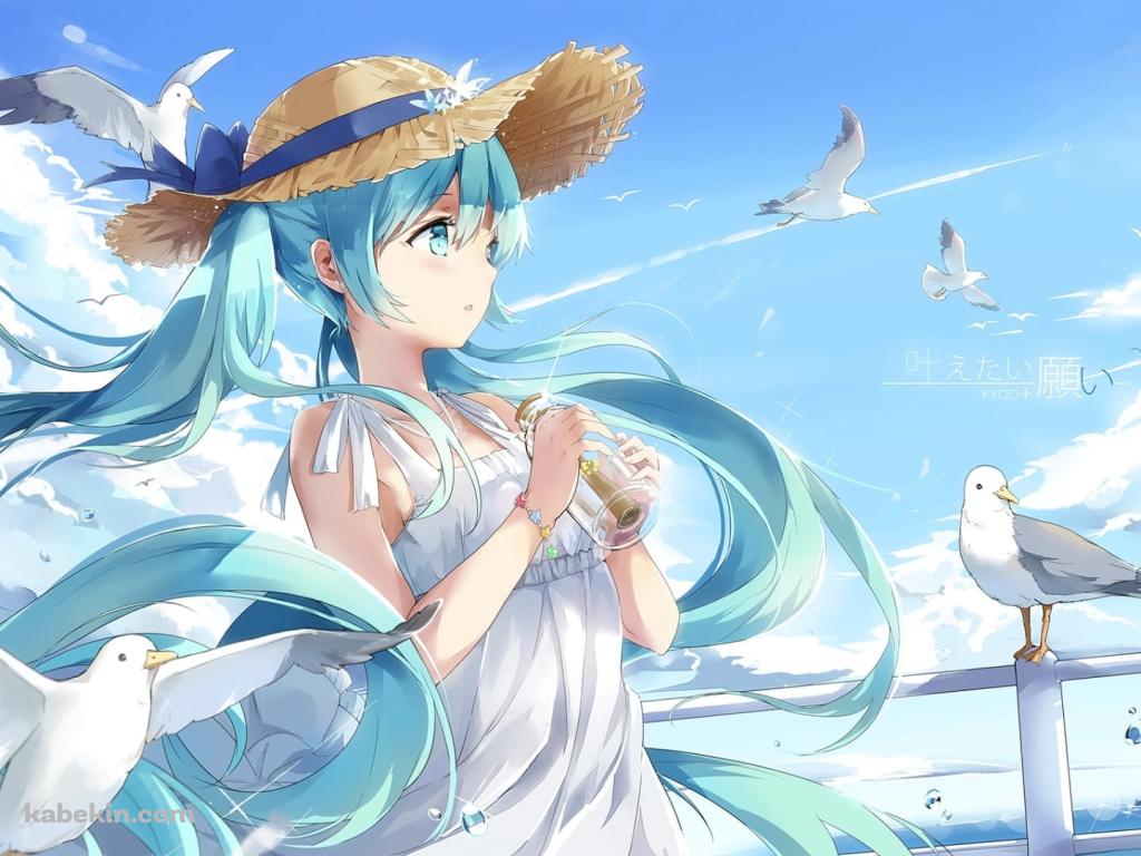 麦わら帽子を被ったかわいい初音ミクとカモメ / ボカロ / ボーカロイド / ファンアートの壁紙(1024px x 768px) 高画質 PC・デスクトップ用