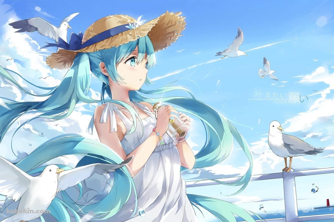 麦わら帽子を被ったかわいい初音ミクとカモメ / ボカロ / ボーカロイド / ファンアートの壁紙(1152px x 768px) 高画質 PC・デスクトップ用