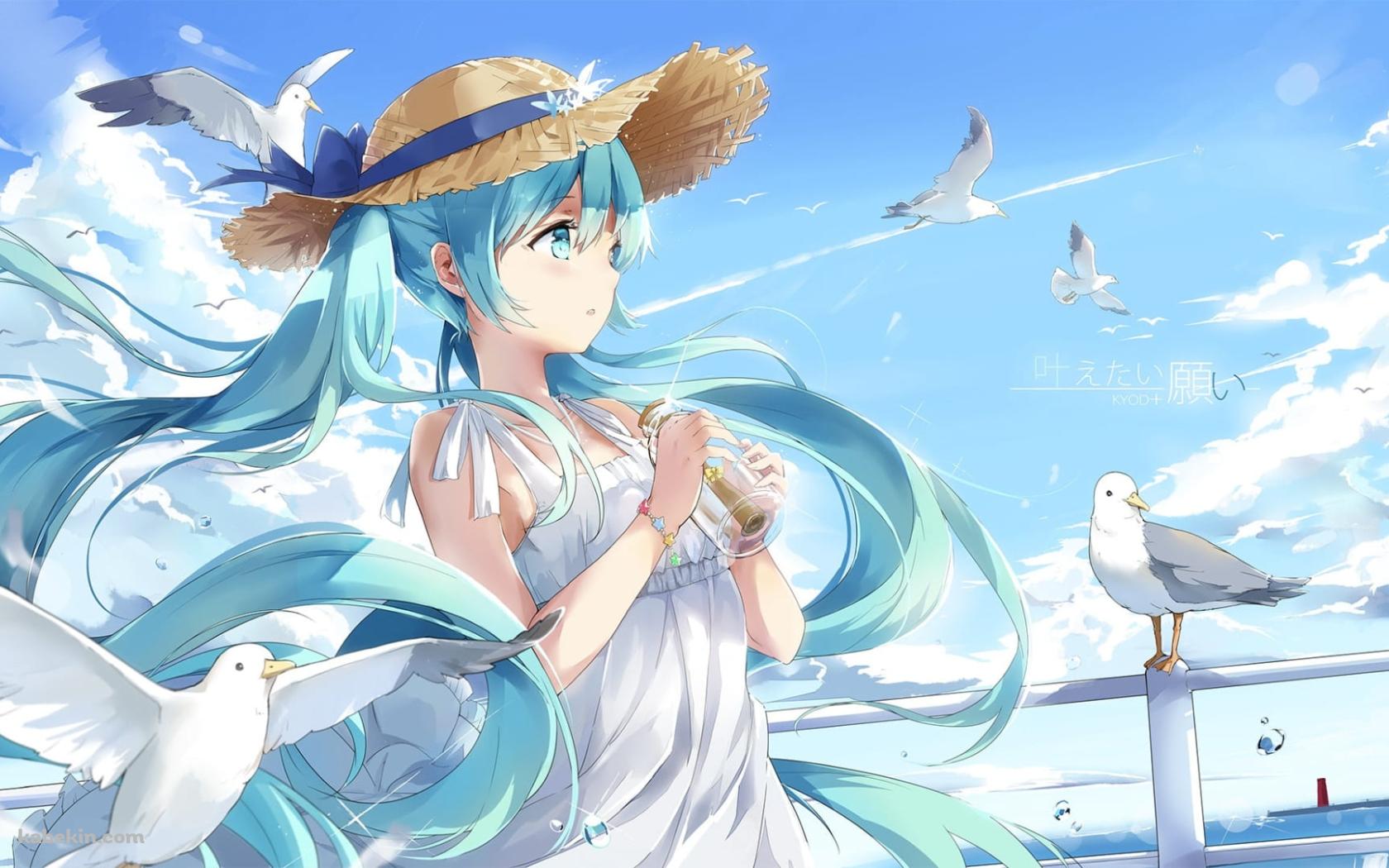 麦わら帽子を被ったかわいい初音ミクとカモメ / ボカロ / ボーカロイド / ファンアートの壁紙(1680px x 1050px) 高画質 PC・デスクトップ用
