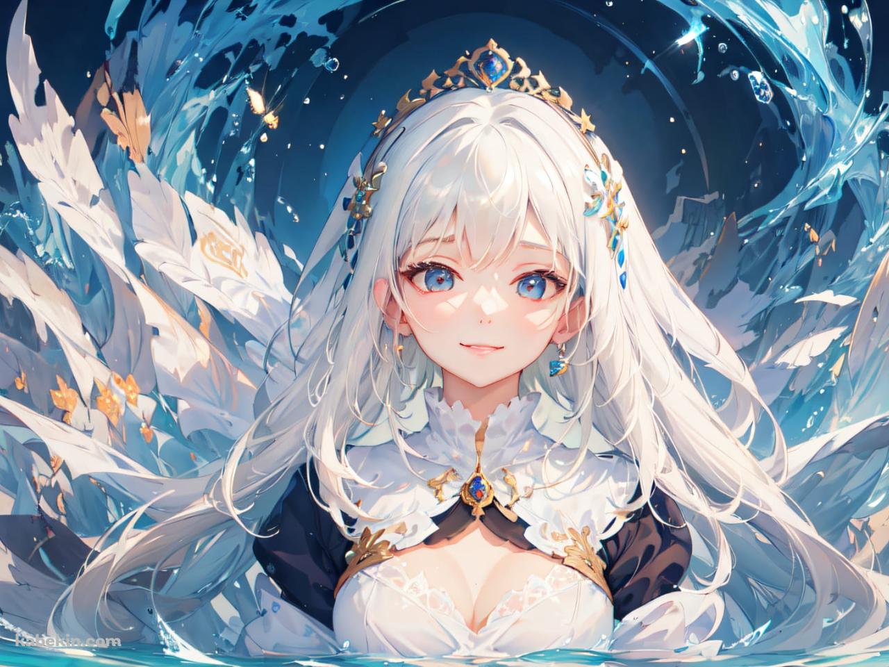 かわいい青い瞳 白髪の少女 / 白い羽の生えたような衣装の壁紙(1280px x 960px) 高画質 PC・デスクトップ用