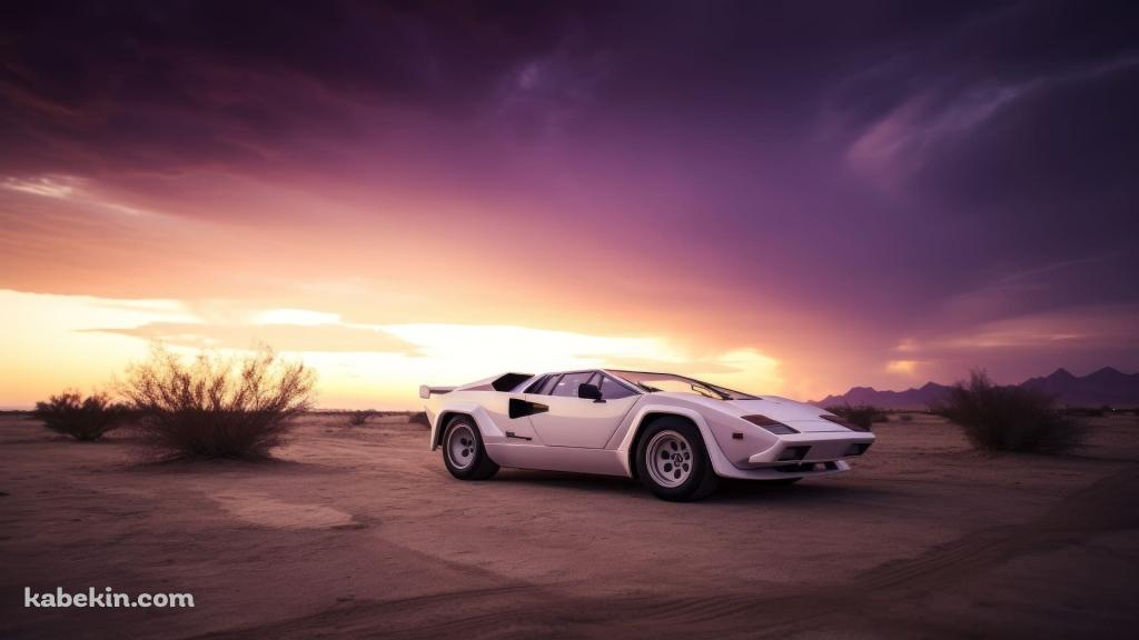 荒野に停車する白のランボルギーニ カウンタックの壁紙(1024px x 576px) 高画質 PC・デスクトップ用