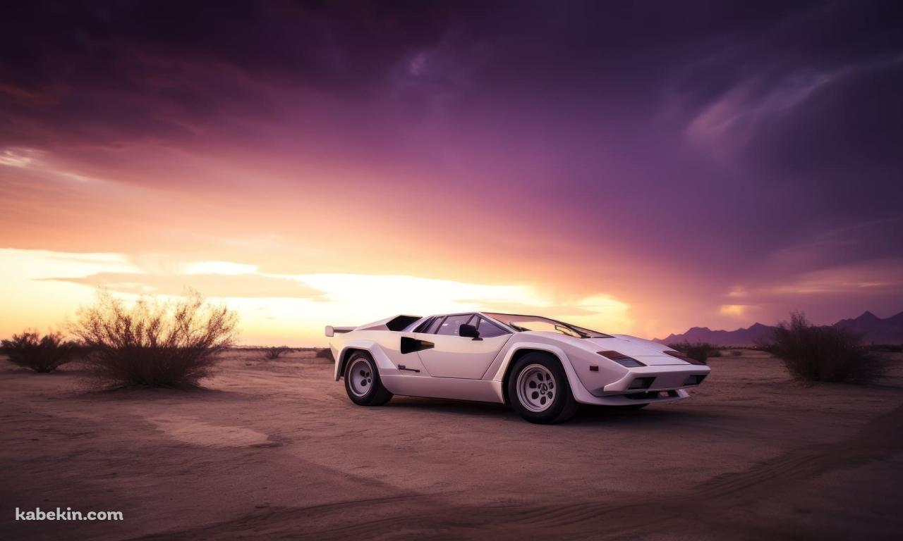 荒野に停車する白のランボルギーニ カウンタックの壁紙(1280px x 768px) 高画質 PC・デスクトップ用
