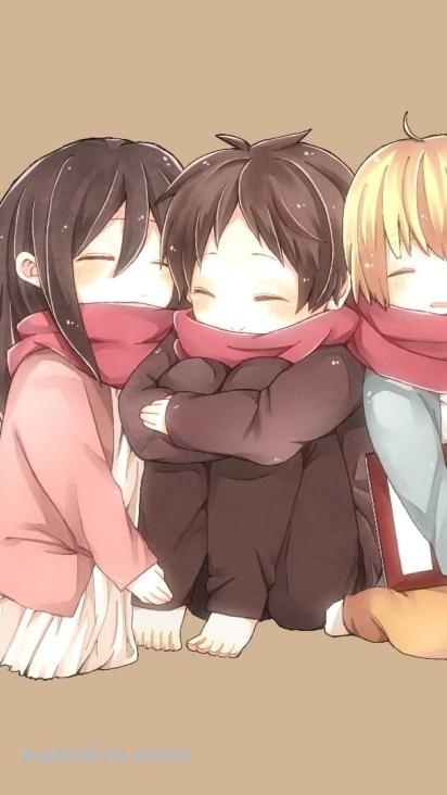 マフラーを共有するミカサ・アッカ―マン / エレン・イェーガー / アルミン・アルレルト / ほっこり / 進撃の巨人の壁紙(412px x 732px) 高画質 PC・デスクトップ用