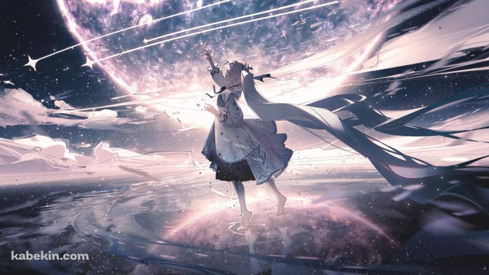 天に手をかざす初音ミク / ウユニ湖 / 月 / 空の壁紙(960px x 540px) 高画質 PC・デスクトップ用