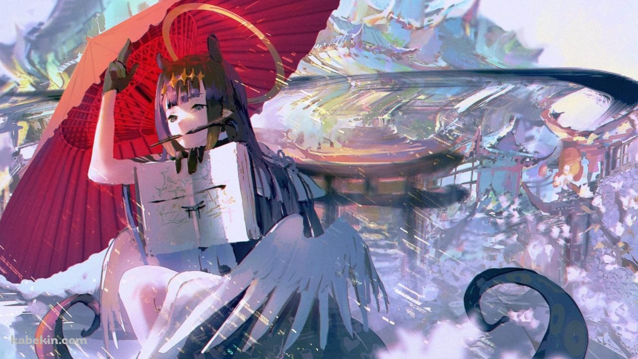 赤い和傘を持つ一 伊那尓栖（にのまえ いなにす） / ファンアート / バーチャルYouTuber / ホロライブの壁紙(1280px x 720px) 高画質 PC・デスクトップ用