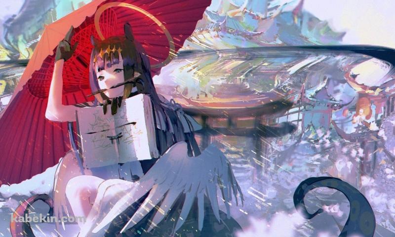 赤い和傘を持つ一 伊那尓栖（にのまえ いなにす） / ファンアート / バーチャルYouTuber / ホロライブの壁紙(800px x 480px) 高画質 PC・デスクトップ用