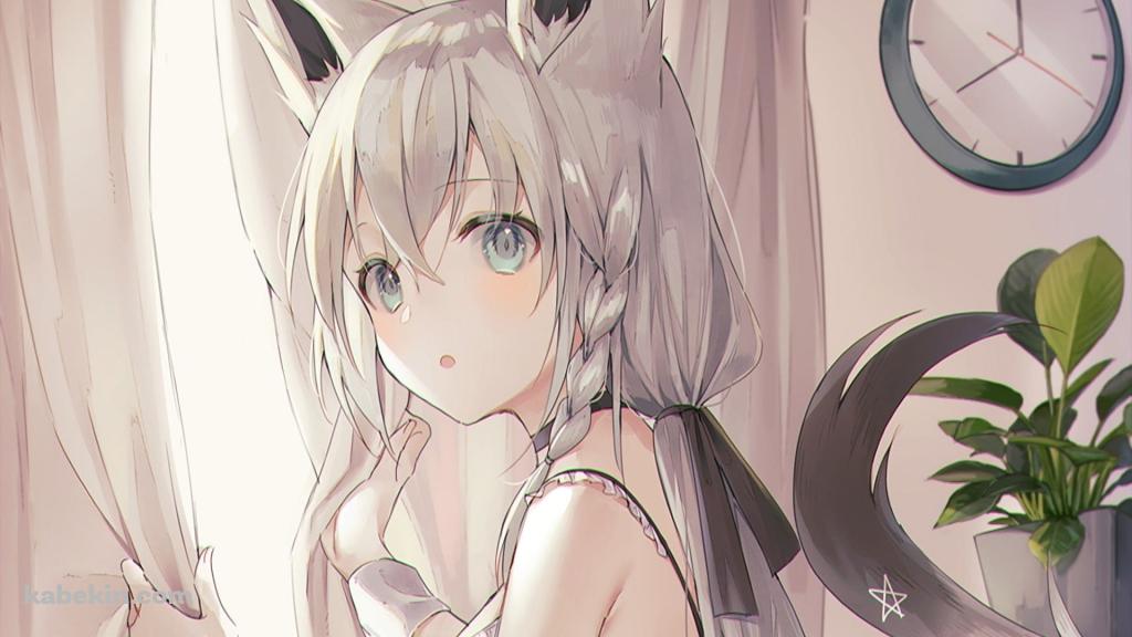 カーテンを持ちながらこちらを振り返る白上フブキ / バーチャルYouTuber / ホロライブの壁紙(1024px x 576px) 高画質 PC・デスクトップ用