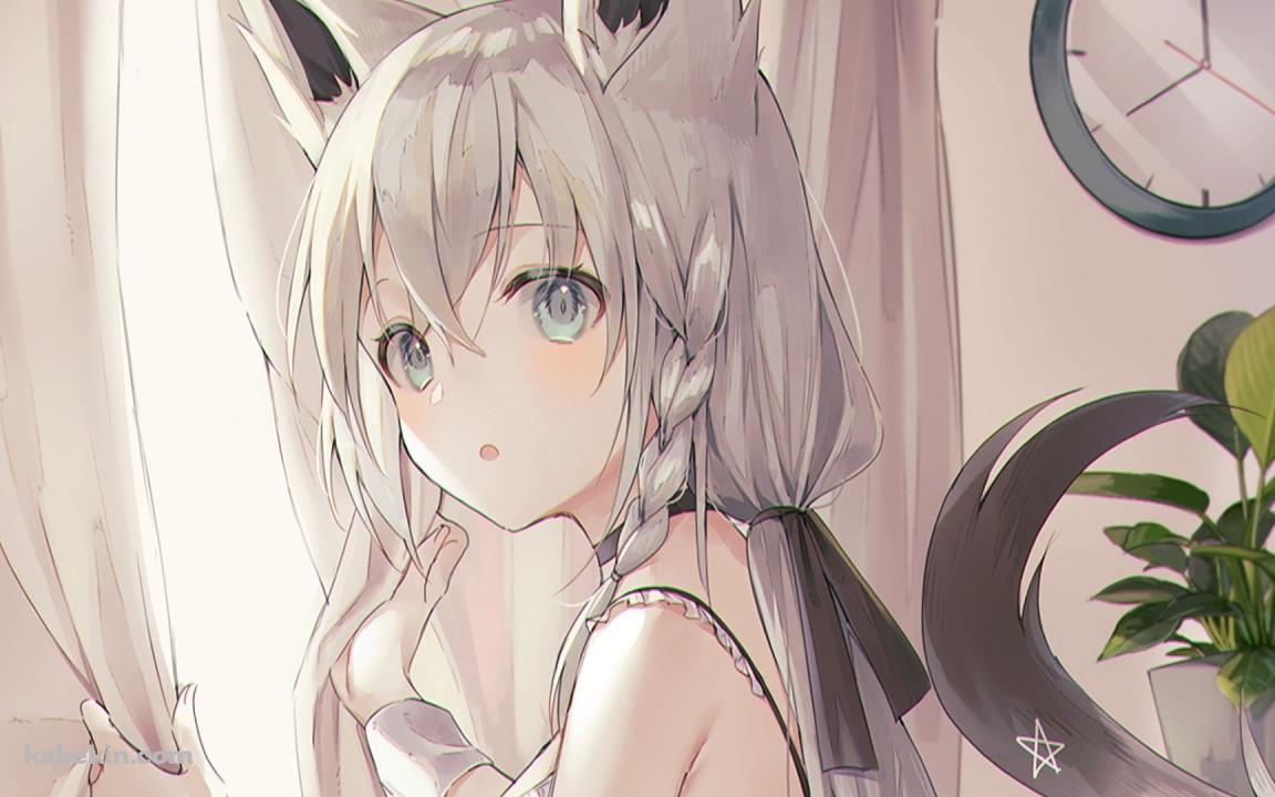 カーテンを持ちながらこちらを振り返る白上フブキ / バーチャルYouTuber / ホロライブの壁紙(1152px x 720px) 高画質 PC・デスクトップ用
