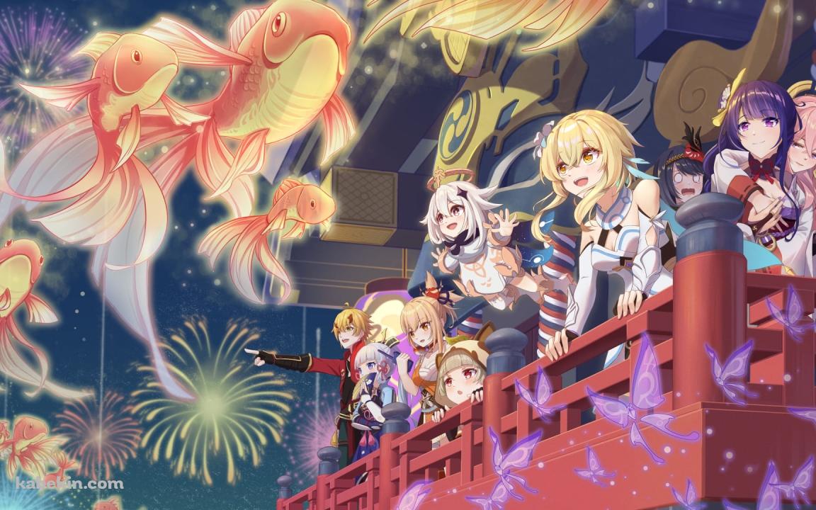 雷神バアル / 雷電将軍 / 神里綾華 / 九条裟羅 / 蛍 / パイモン / 空飛ぶ金魚 / 花火 / 原神インパクトの壁紙(1152px x 720px) 高画質 PC・デスクトップ用