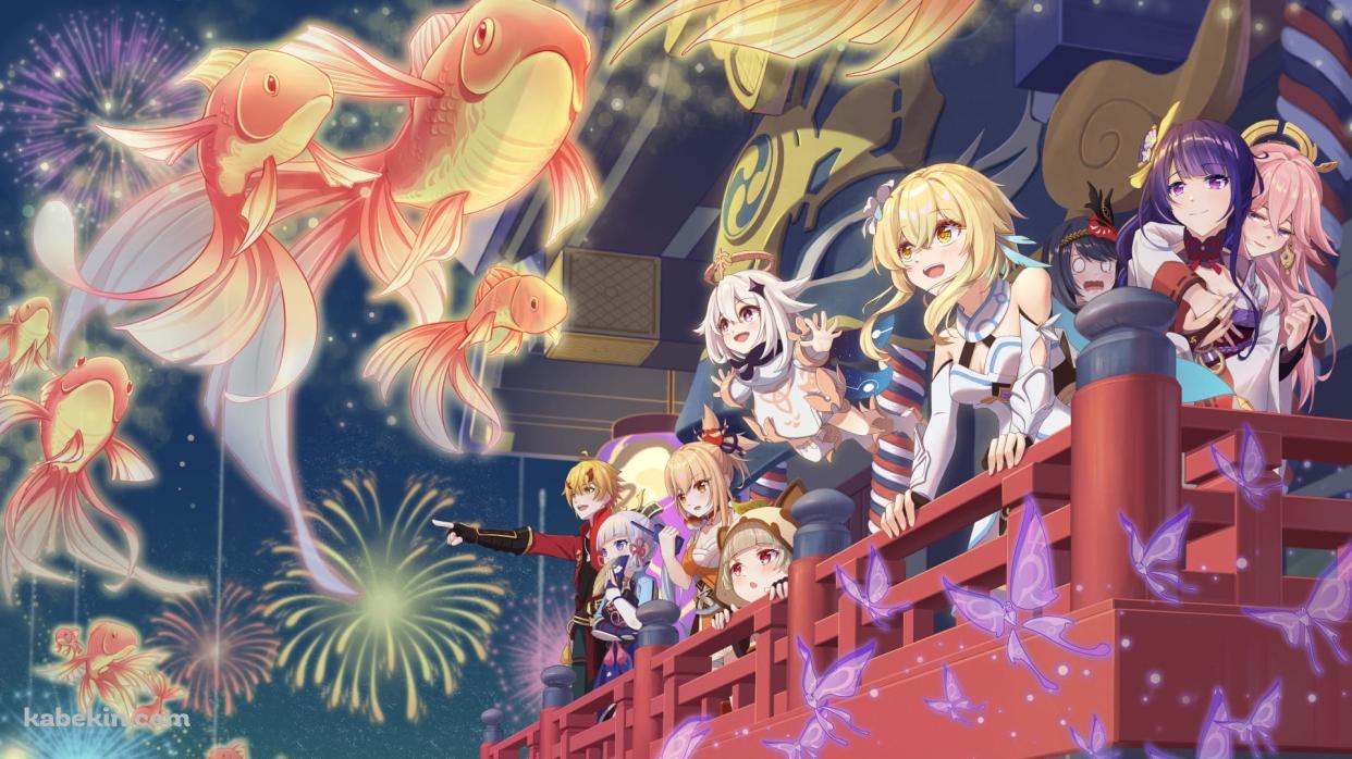 雷神バアル / 雷電将軍 / 神里綾華 / 九条裟羅 / 蛍 / パイモン / 空飛ぶ金魚 / 花火 / 原神インパクトの壁紙(1242px x 698px) 高画質 PC・デスクトップ用