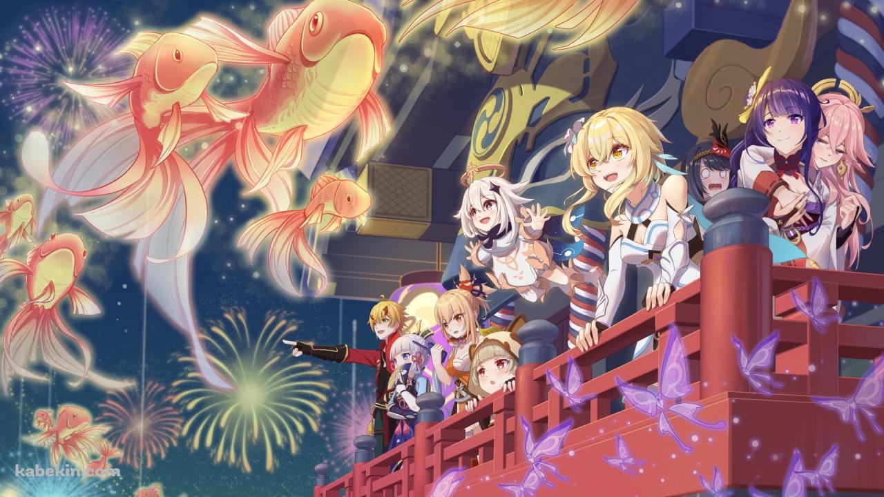 雷神バアル / 雷電将軍 / 神里綾華 / 九条裟羅 / 蛍 / パイモン / 空飛ぶ金魚 / 花火 / 原神インパクトの壁紙(1280px x 720px) 高画質 PC・デスクトップ用