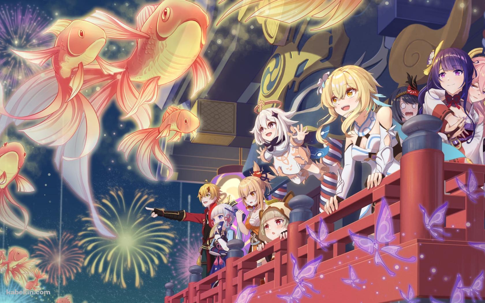 雷神バアル / 雷電将軍 / 神里綾華 / 九条裟羅 / 蛍 / パイモン / 空飛ぶ金魚 / 花火 / 原神インパクトの壁紙(1680px x 1050px) 高画質 PC・デスクトップ用