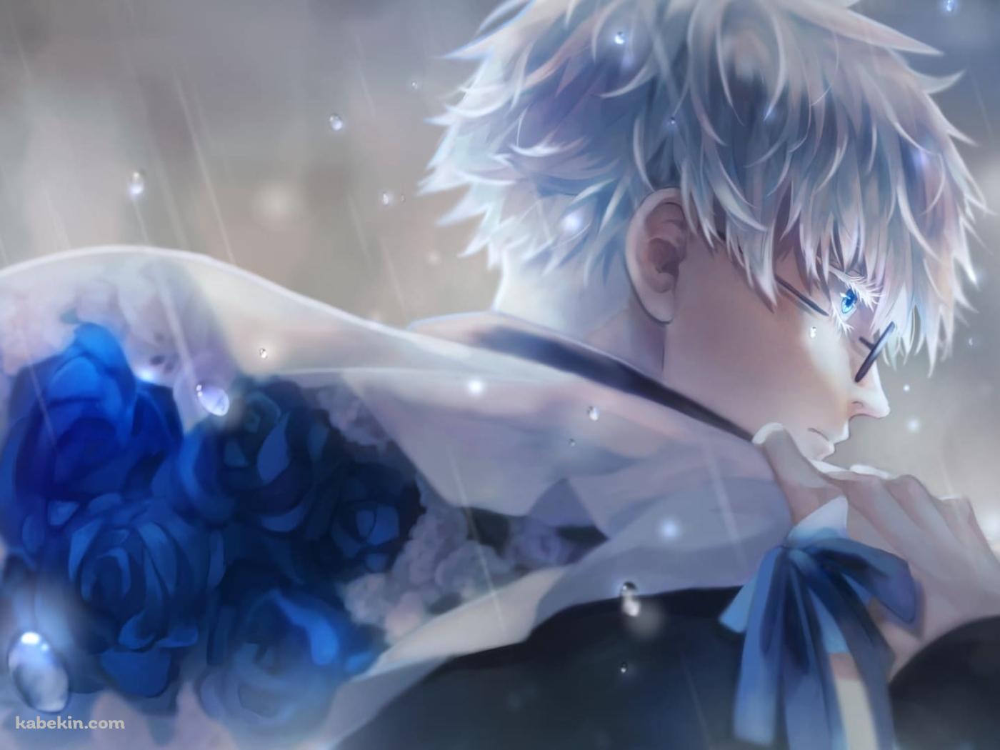 雨の中、青い薔薇の花束を持つ五条悟 / 呪術廻戦の壁紙(1400px x 1050px) 高画質 PC・デスクトップ用