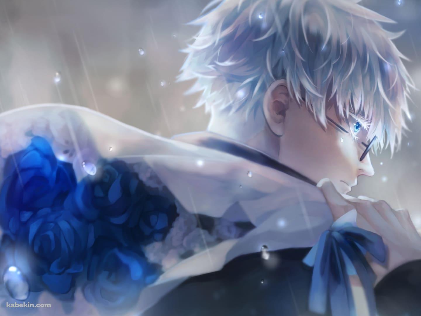 雨の中、青い薔薇の花束を持つ五条悟 / 呪術廻戦の壁紙(1440px x 1080px) 高画質 PC・デスクトップ用