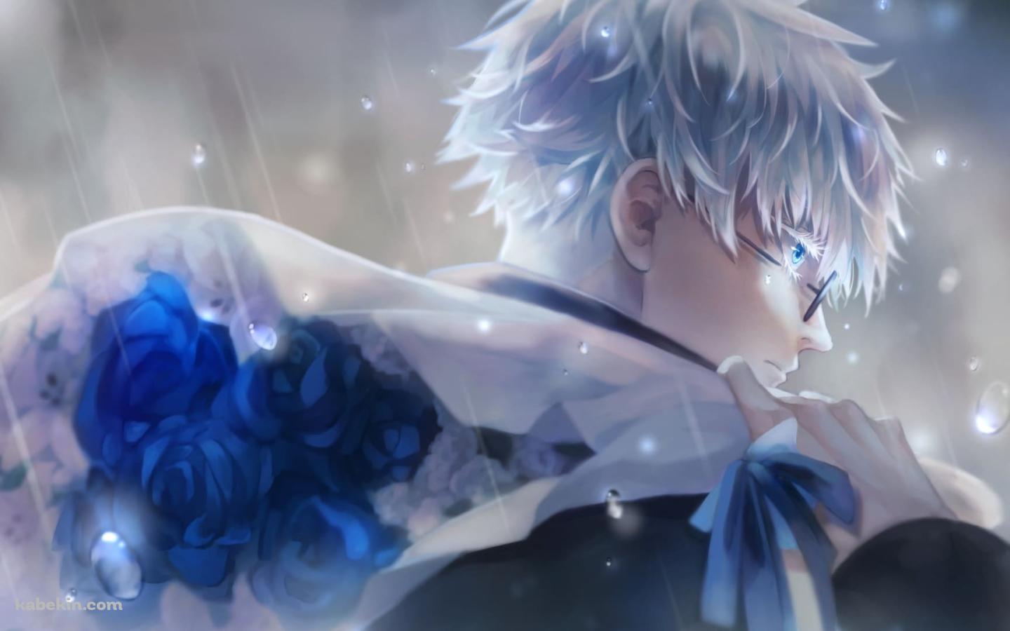 雨の中、青い薔薇の花束を持つ五条悟 / 呪術廻戦の壁紙(1440px x 900px) 高画質 PC・デスクトップ用