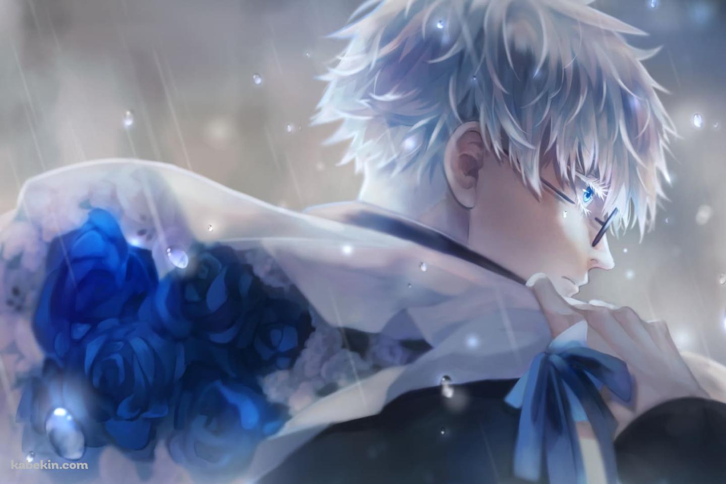 雨の中、青い薔薇の花束を持つ五条悟 / 呪術廻戦の壁紙(1440px x 960px) 高画質 PC・デスクトップ用