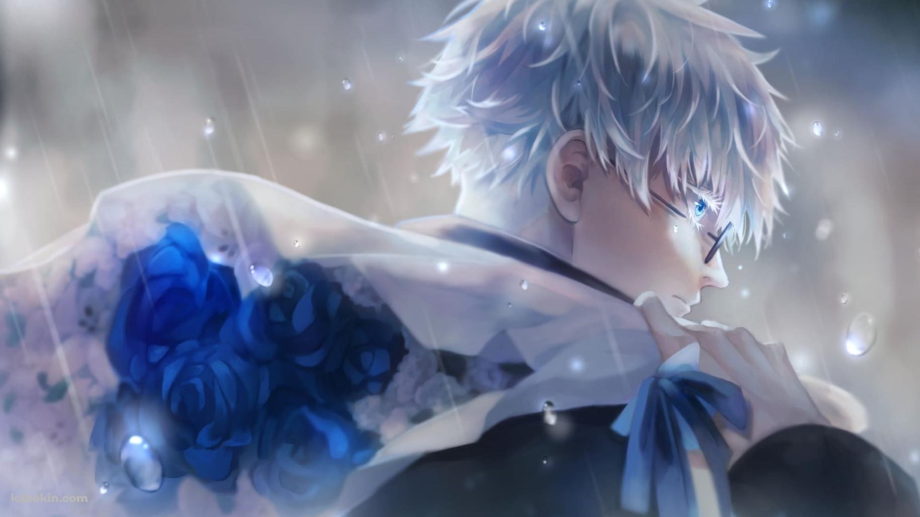雨の中、青い薔薇の花束を持つ五条悟 / 呪術廻戦の壁紙(1829px x 1029px) 高画質 PC・デスクトップ用