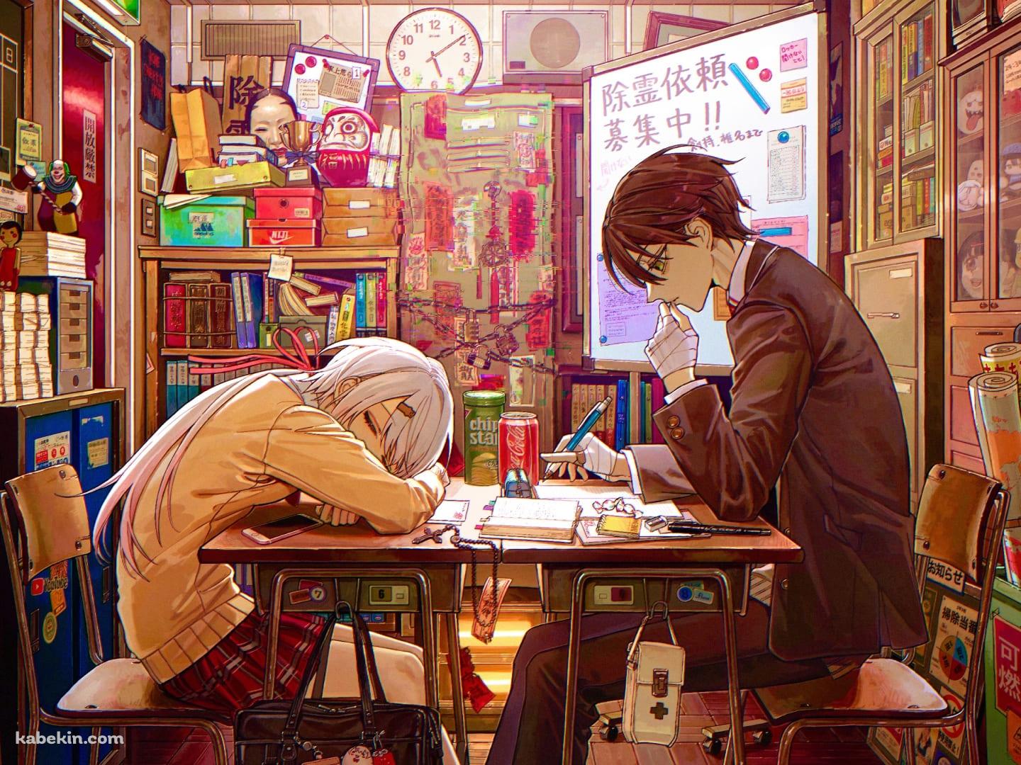 勉強中の剣持刀也と居眠りする椎名唯華 / にじさんじ / ファンアート / イラストの壁紙(1440px x 1080px) 高画質 PC・デスクトップ用