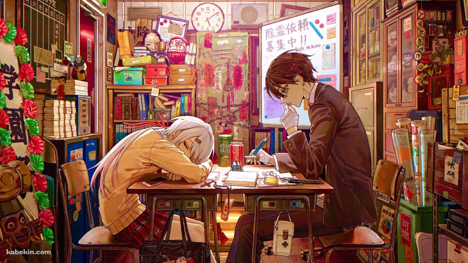 勉強中の剣持刀也と居眠りする椎名唯華 / にじさんじ / ファンアート / イラストの壁紙(1600px x 900px) 高画質 PC・デスクトップ用