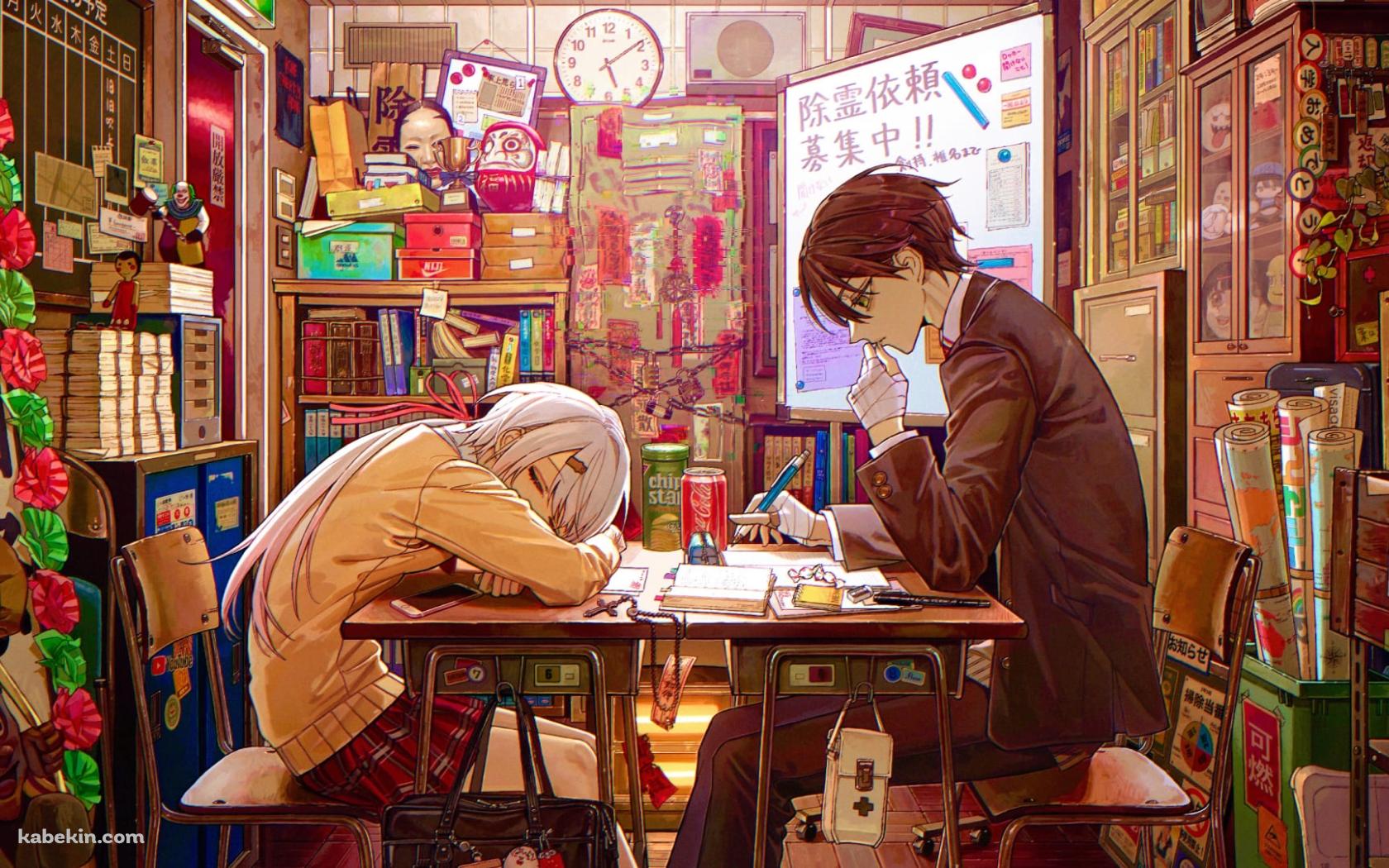 勉強中の剣持刀也と居眠りする椎名唯華 / にじさんじ / ファンアート / イラストの壁紙(1680px x 1050px) 高画質 PC・デスクトップ用