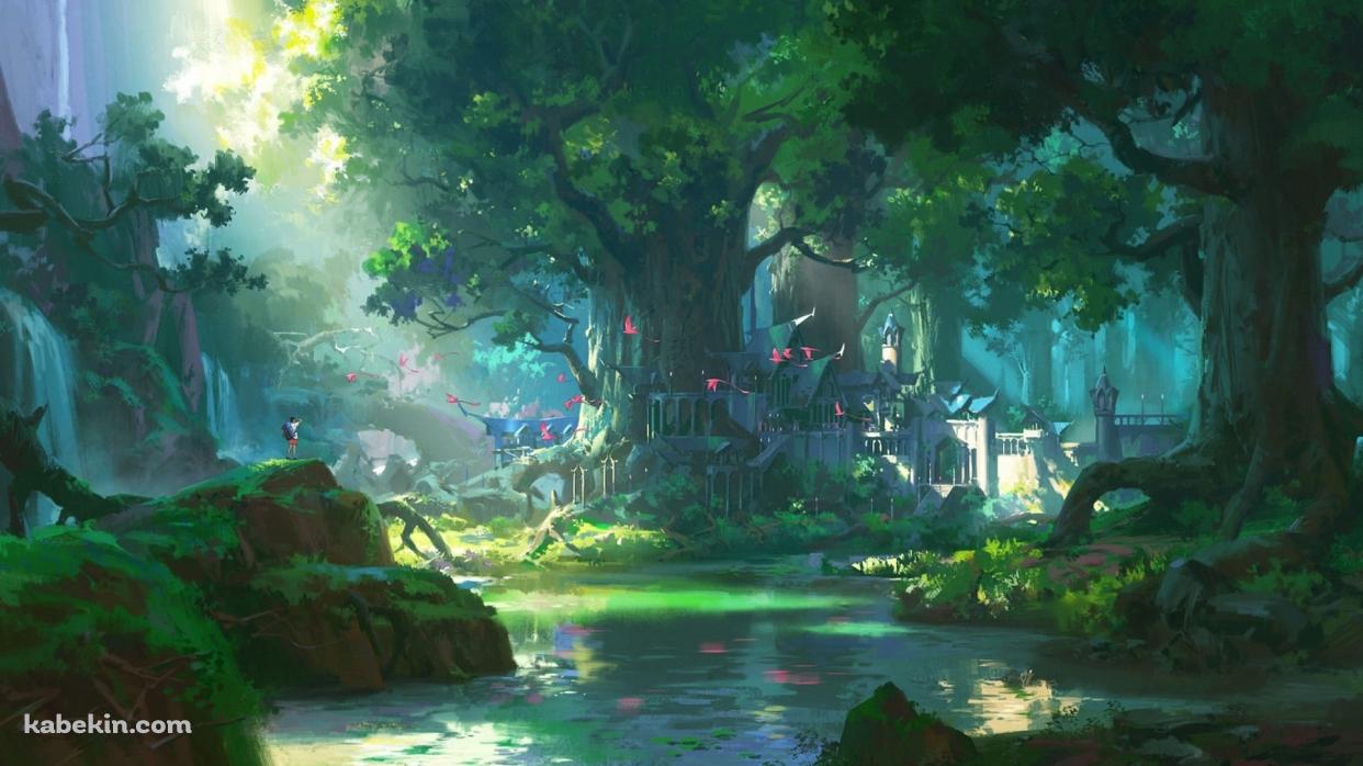 緑の楽園 / 大樹 / 空飛ぶピンクの鳥 / リュックを背負った男性 / 目に優しいの壁紙(1242px x 698px) 高画質 PC・デスクトップ用