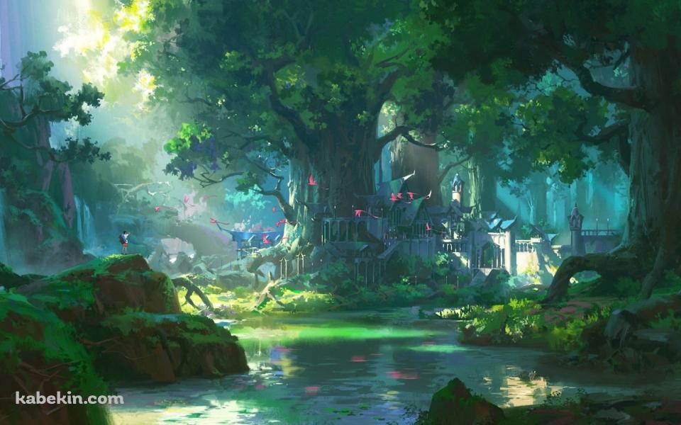 緑の楽園 / 大樹 / 空飛ぶピンクの鳥 / リュックを背負った男性 / 目に優しいの壁紙(960px x 600px) 高画質 PC・デスクトップ用