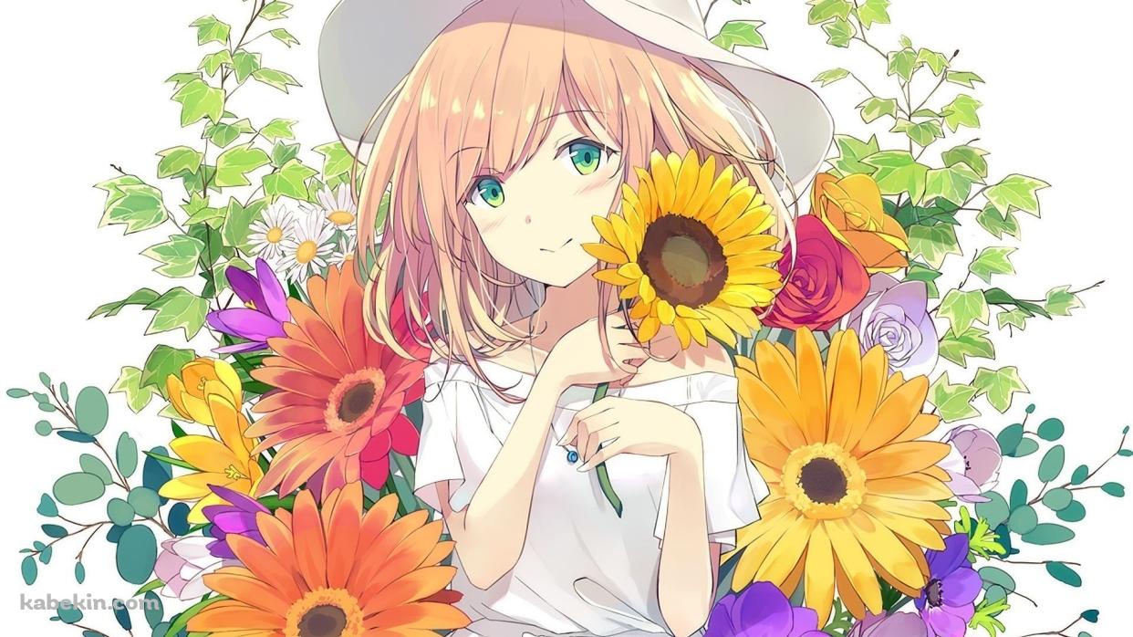 向日葵とかわいい少女の壁紙(1242px x 698px) 高画質 PC・デスクトップ用