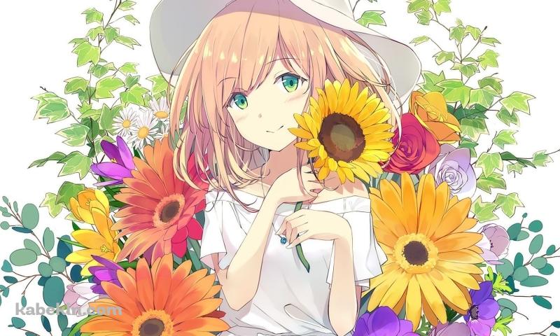 向日葵とかわいい少女の壁紙(800px x 480px) 高画質 PC・デスクトップ用