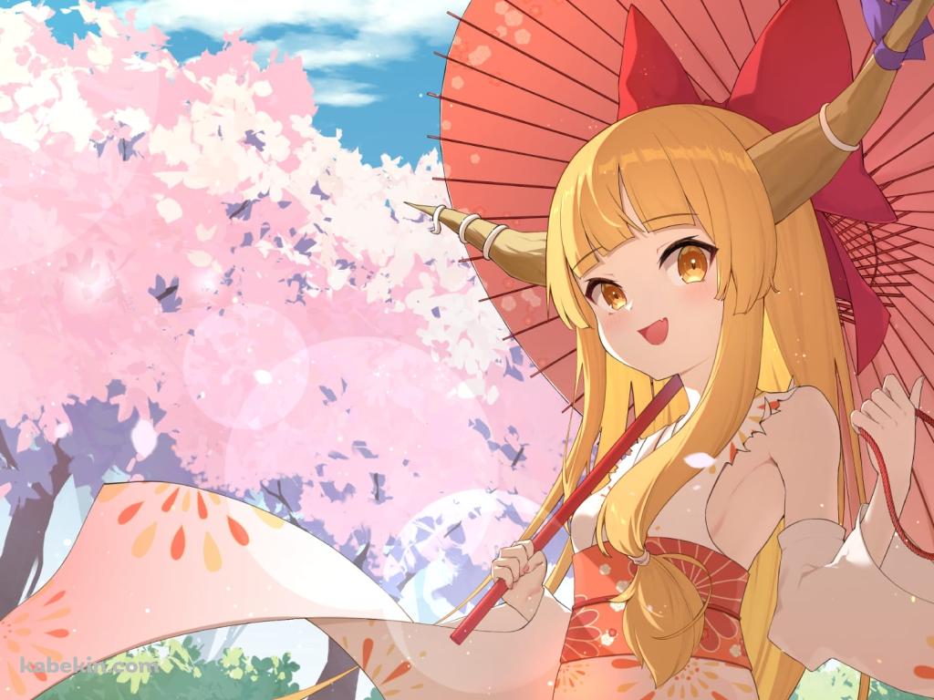 桜と伊吹萃香 / 東方 / ファンアート / イラストの壁紙(1024px x 768px) 高画質 PC・デスクトップ用