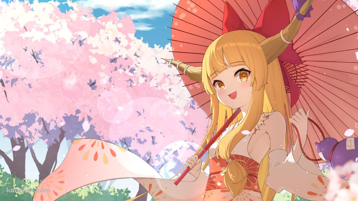 桜と伊吹萃香 / 東方 / ファンアート / イラストの壁紙(1242px x 698px) 高画質 PC・デスクトップ用
