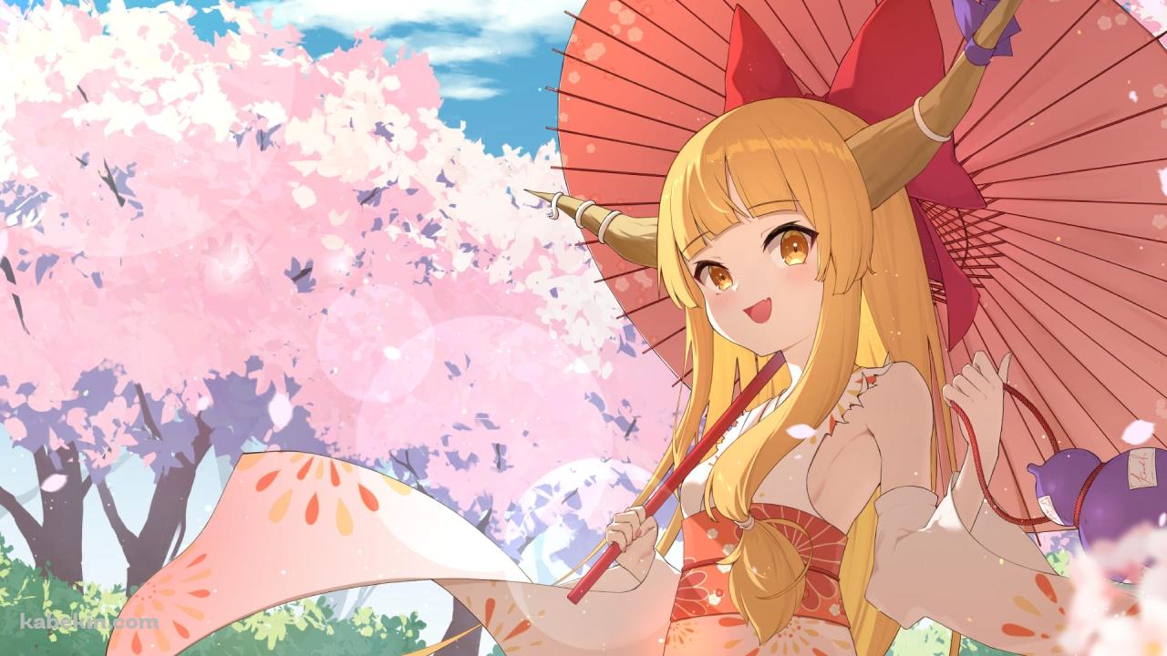 桜と伊吹萃香 / 東方 / ファンアート / イラストの壁紙(1280px x 720px) 高画質 PC・デスクトップ用
