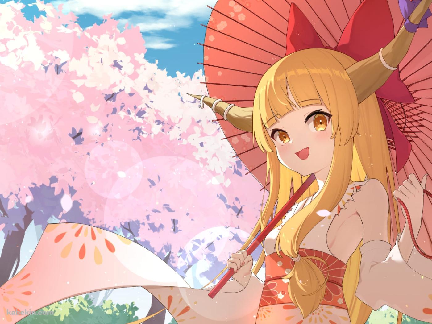 桜と伊吹萃香 / 東方 / ファンアート / イラストの壁紙(1400px x 1050px) 高画質 PC・デスクトップ用