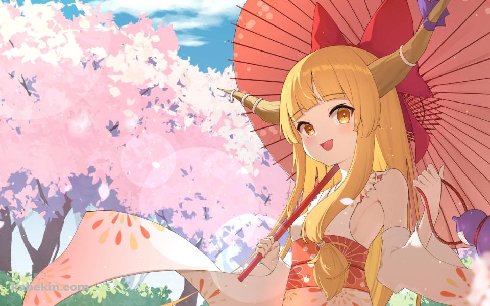 桜と伊吹萃香 / 東方 / ファンアート / イラストの壁紙(960px x 600px) 高画質 PC・デスクトップ用