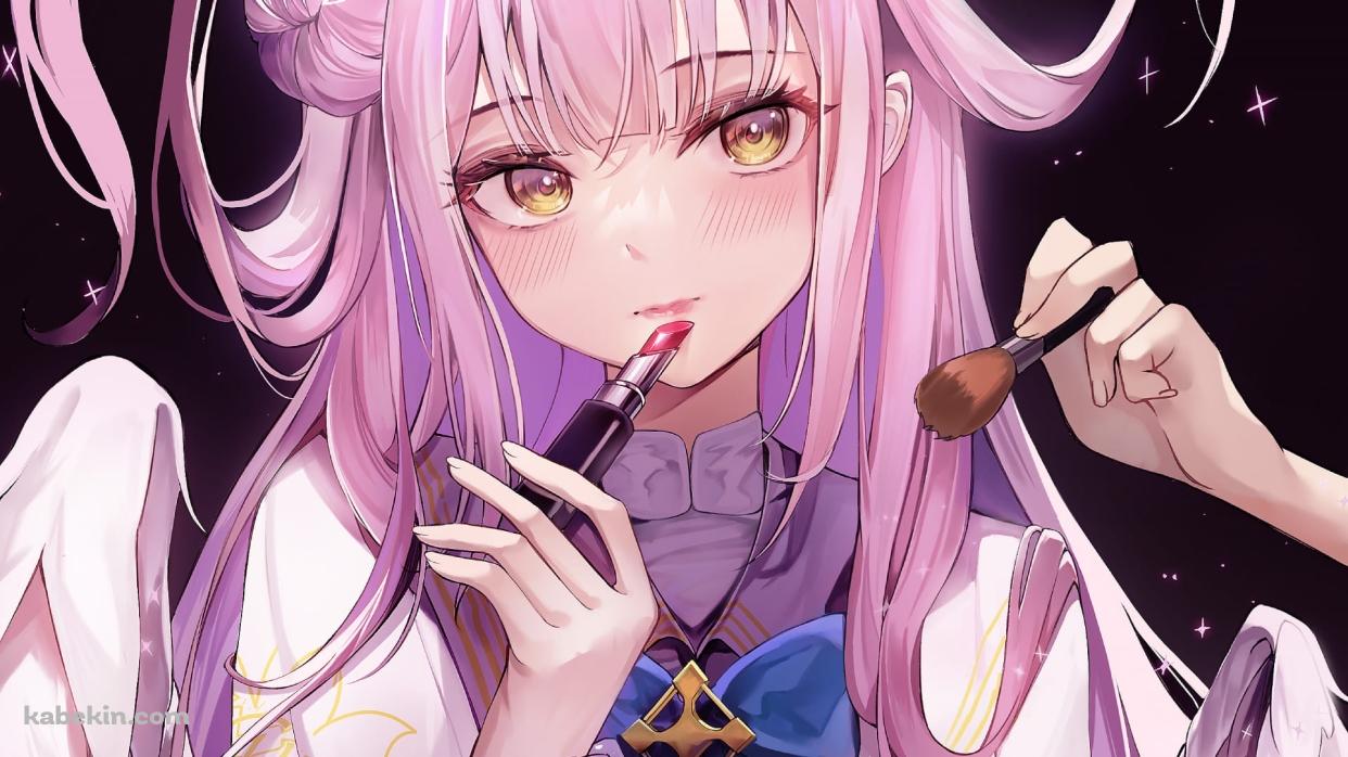 お化粧をするかわいい聖園ミカ（みその みか） / ブルアカ / ブルーアーカイブ / ファンアート / イラストの壁紙(1242px x 698px) 高画質 PC・デスクトップ用
