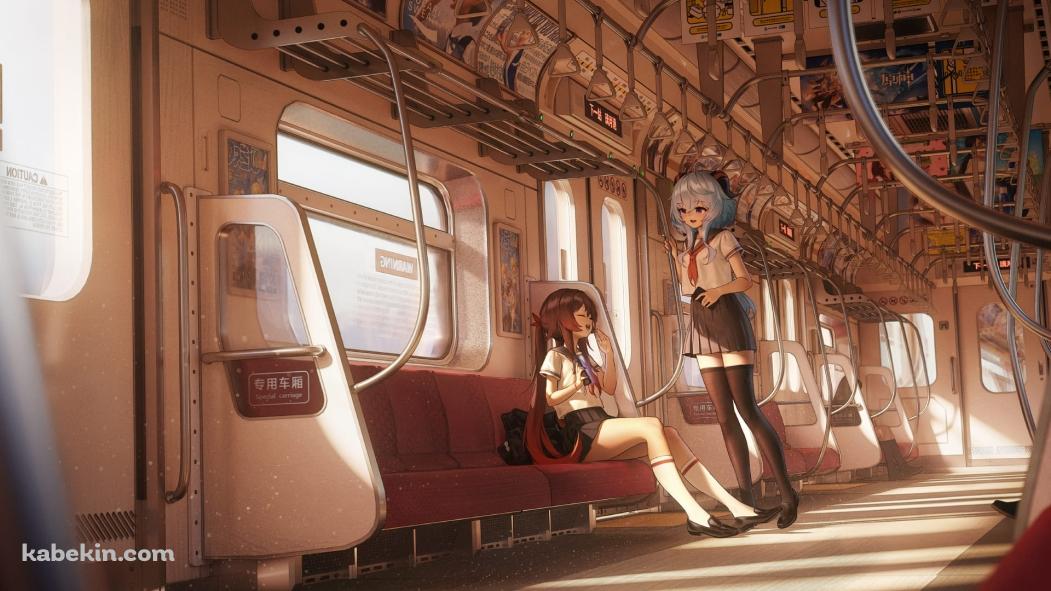 通学中の甘雨と胡桃 / ガラガラの電車の壁紙(1051px x 591px) 高画質 PC・デスクトップ用