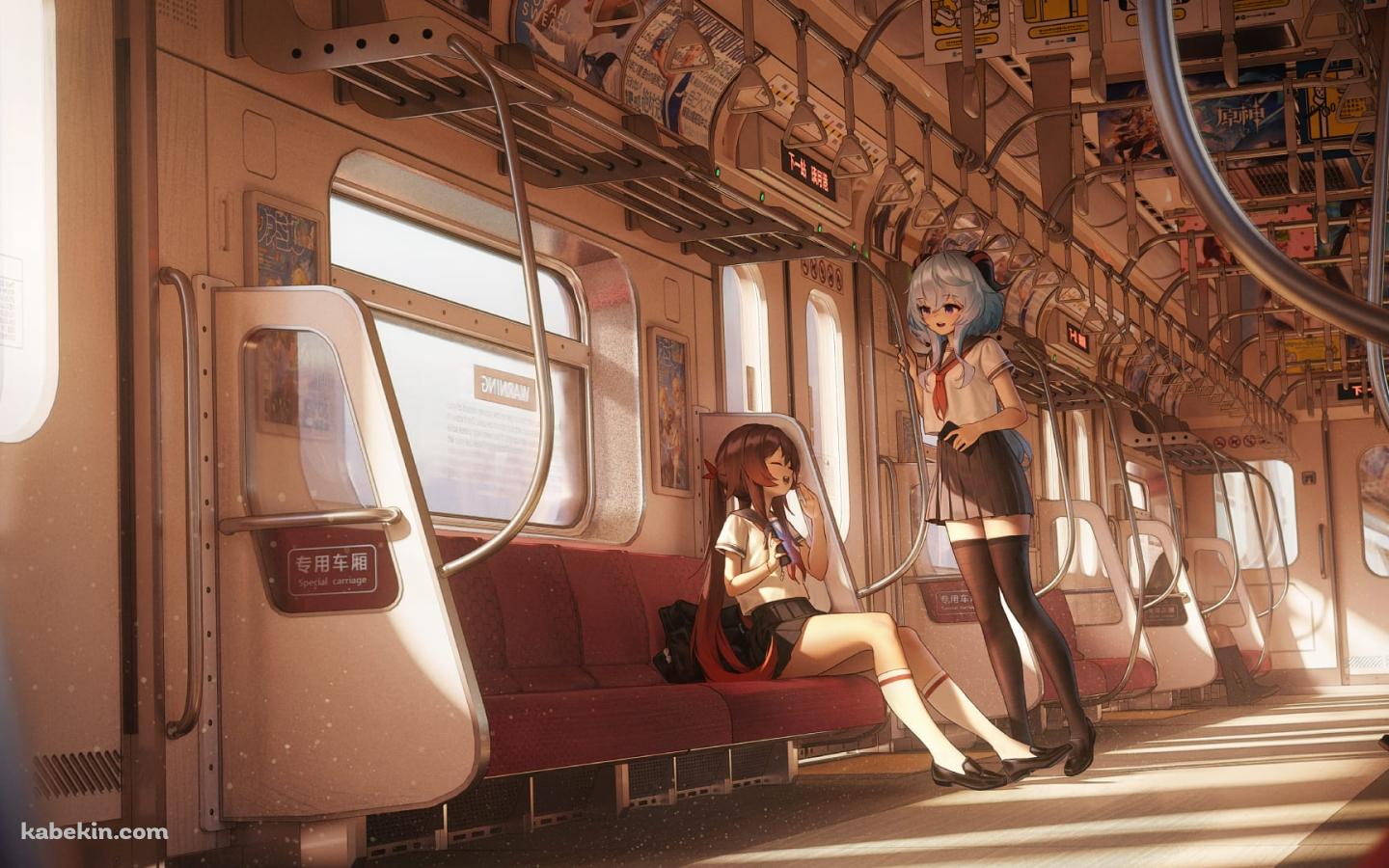 通学中の甘雨と胡桃 / ガラガラの電車の壁紙(1440px x 900px) 高画質 PC・デスクトップ用