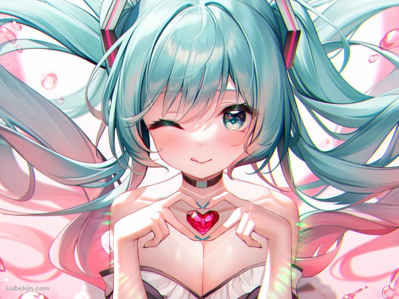 赤いハートを持ちながらウィンクしながらかわいい初音ミク / ボカロ / ボーカロイドの壁紙(1400px x 1050px) 高画質 PC・デスクトップ用