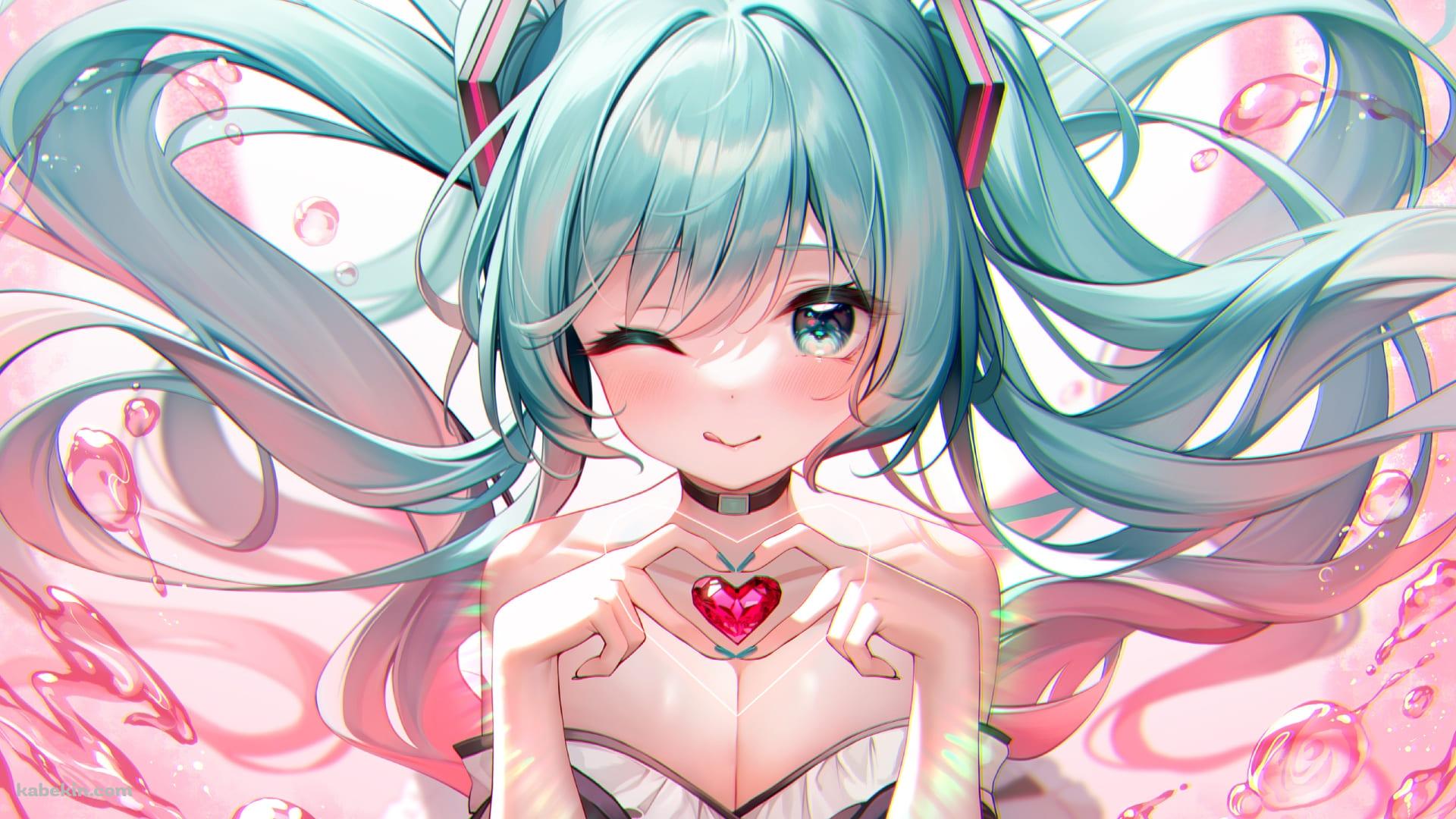 赤いハートを持ちながらウィンクしながらかわいい初音ミク / ボカロ / ボーカロイドの壁紙(1920px x 1080px) 高画質 PC・デスクトップ用