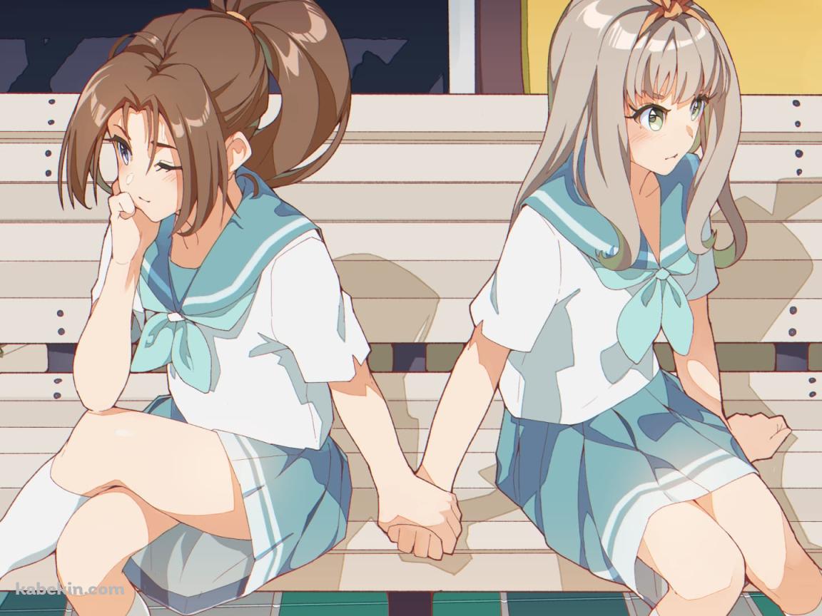 木のベンチで手をつなぐ中川夏紀と吉川優子 / 響け!ユーフォニアム / ファンアート / イラストの壁紙(1152px x 864px) 高画質 PC・デスクトップ用