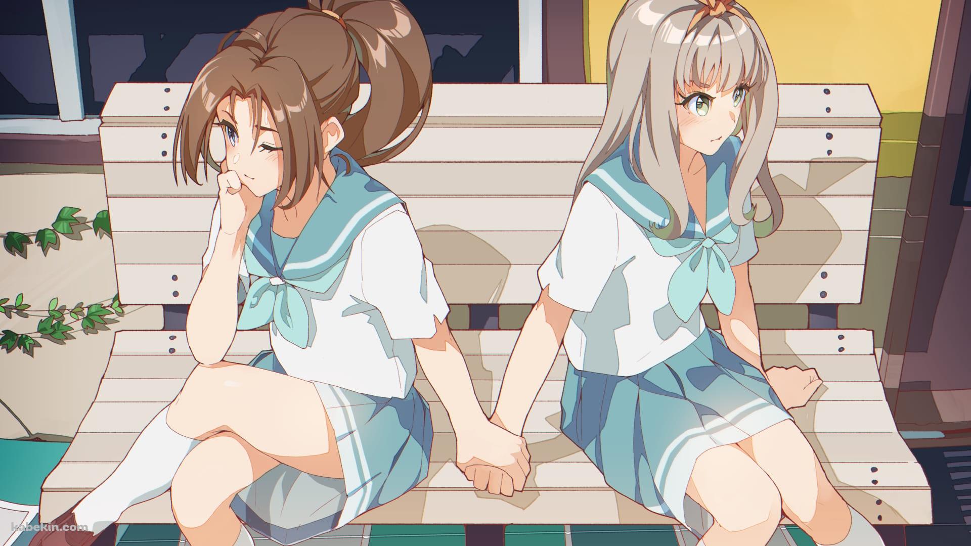 木のベンチで手をつなぐ中川夏紀と吉川優子 / 響け!ユーフォニアム / ファンアート / イラストの壁紙(1920px x 1080px) 高画質 PC・デスクトップ用