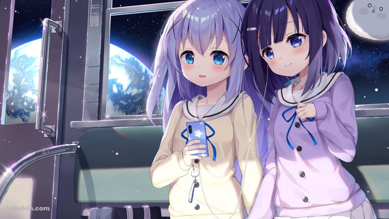 香風智乃(かふうちの) / 風衣葉冬優（フイバ フユ） / ティッピー / 電車 / スマホ / ごちうさ / ご注文はうさぎですか?の壁紙(1366px x 768px) 高画質 PC・デスクトップ用