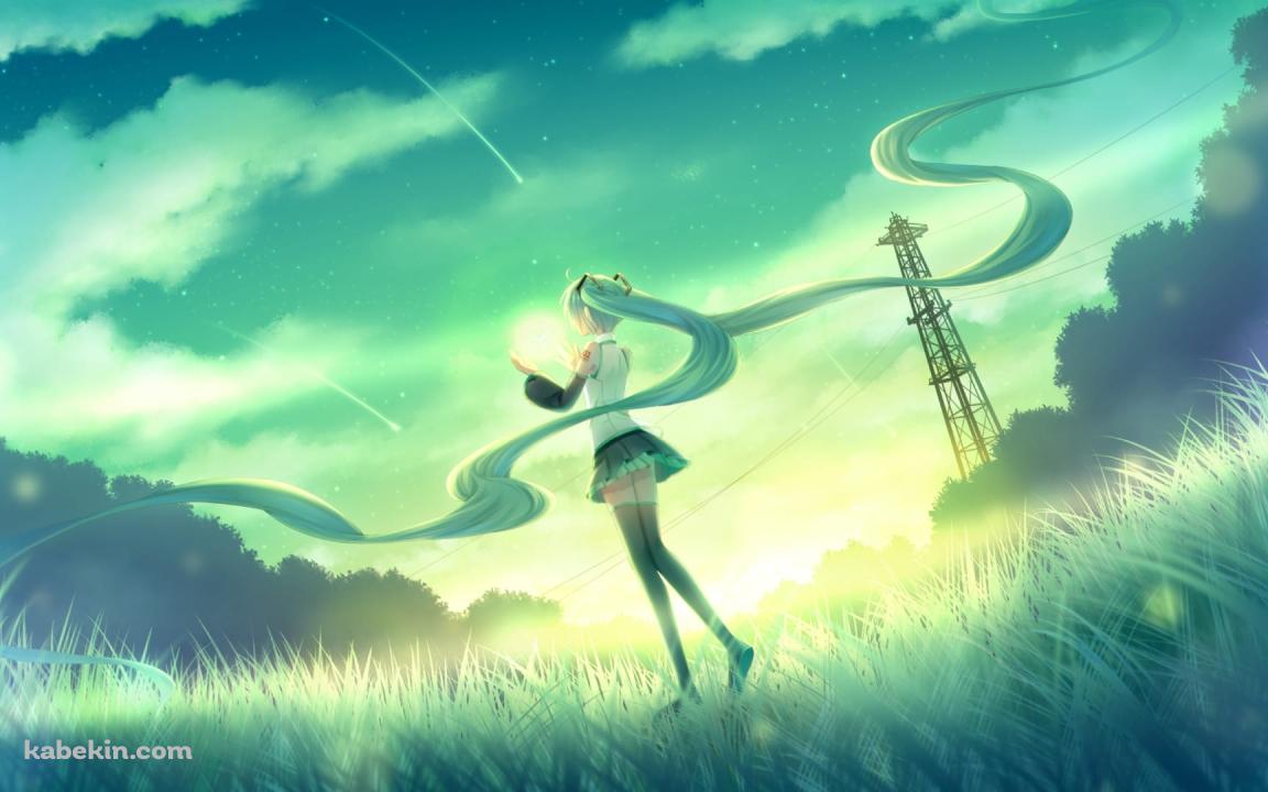 緑の草原と流れる長い髪の初音ミクと光 / ボカロ / ボーカロイドの壁紙(1152px x 720px) 高画質 PC・デスクトップ用