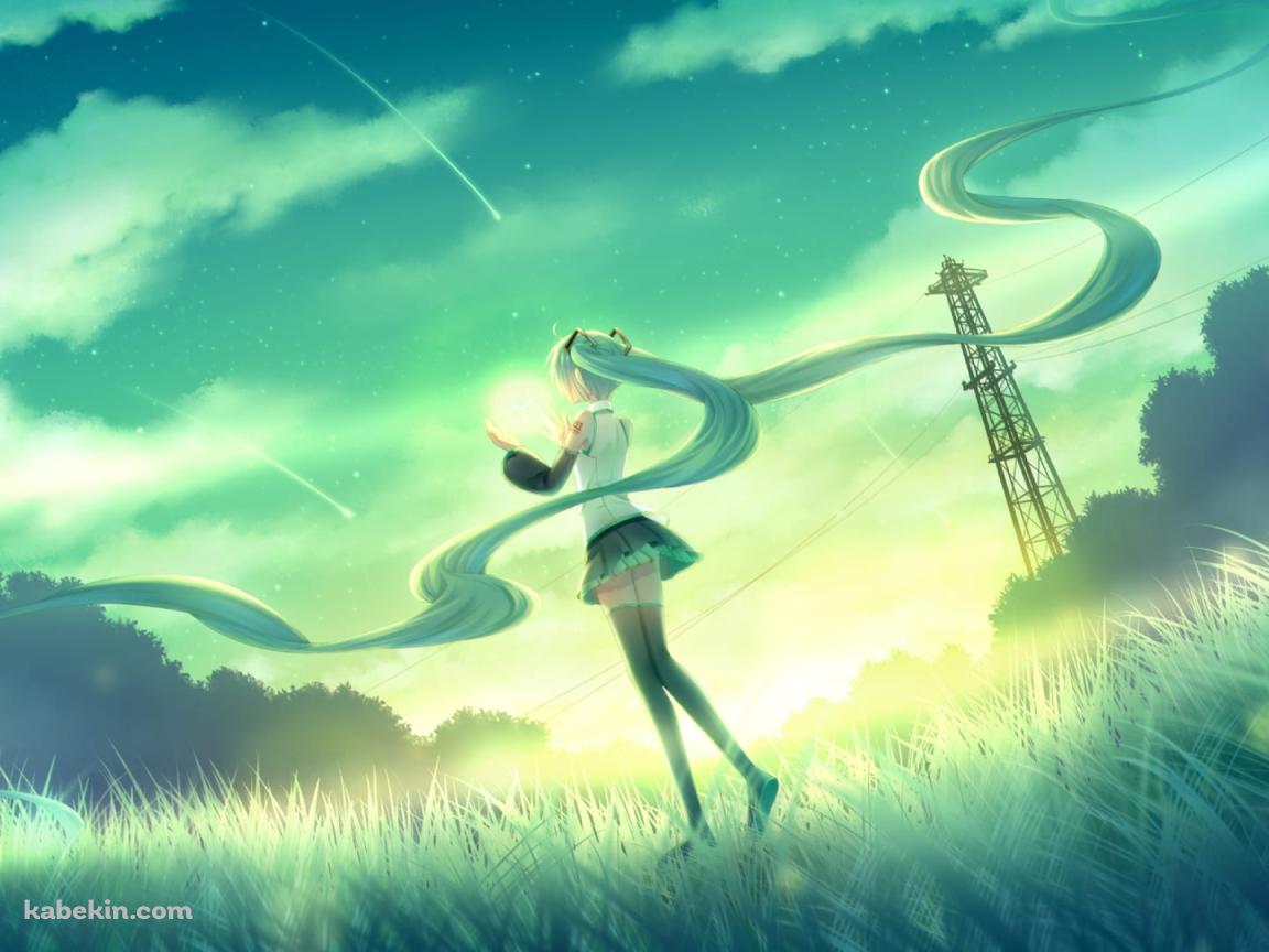 緑の草原と流れる長い髪の初音ミクと光 / ボカロ / ボーカロイドの壁紙(1152px x 864px) 高画質 PC・デスクトップ用