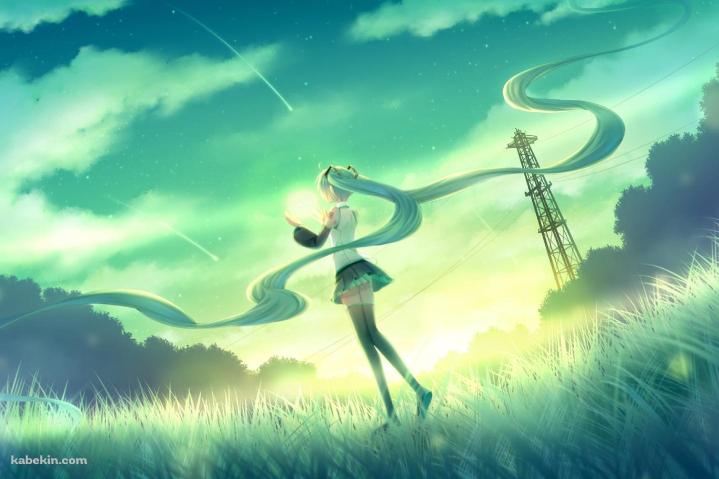 緑の草原と流れる長い髪の初音ミクと光 / ボカロ / ボーカロイドの壁紙(1440px x 960px) 高画質 PC・デスクトップ用