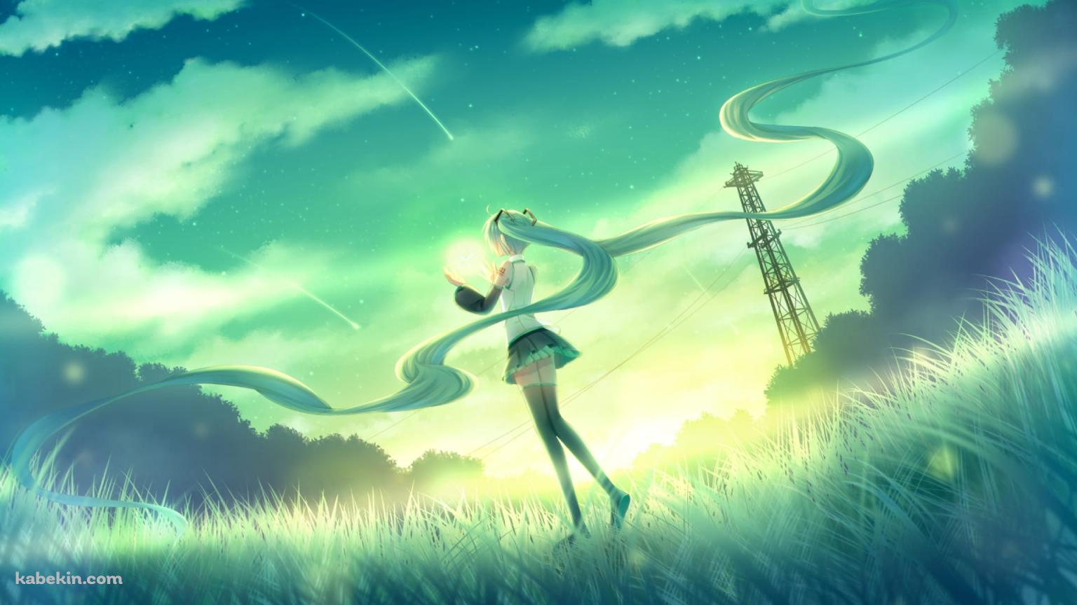 緑の草原と流れる長い髪の初音ミクと光 / ボカロ / ボーカロイドの壁紙(1536px x 864px) 高画質 PC・デスクトップ用