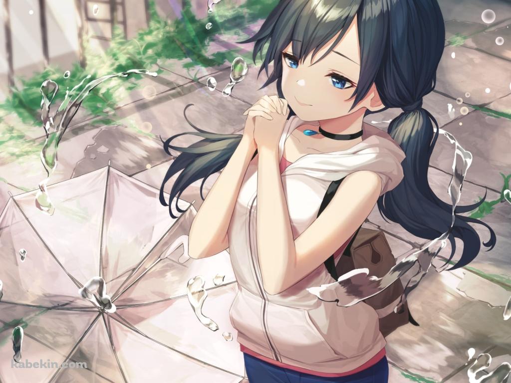 お祈りする天野陽菜 / 舞う水滴 / 透明のビニール傘 / かわいい / 天気の子 / ファンアート / イラストの壁紙(1024px x 768px) 高画質 PC・デスクトップ用