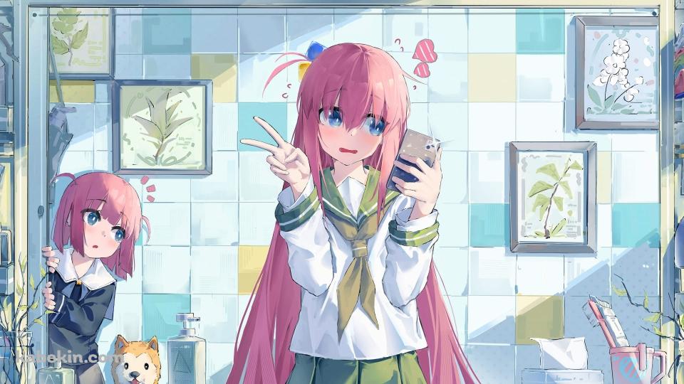 自撮りをする後藤ひとりとそれを隠れて見る後藤ふたりとジミヘン / セルフィー / ぼっち・ざ・ろっく！ / ファンアート / イラストの壁紙(960px x 540px) 高画質 PC・デスクトップ用
