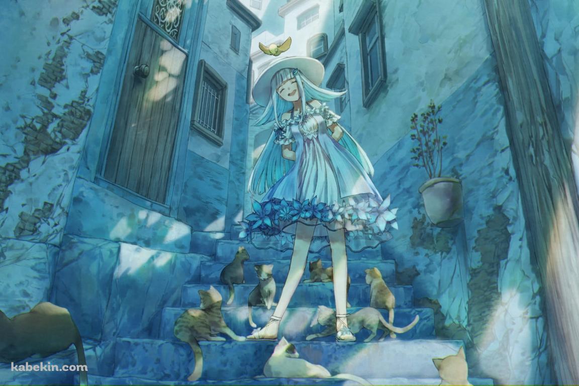 野良猫に囲まれて笑顔のリゼ・ヘルエスタ / にじさんじ / バーチャルYouTuber / ファンアート / イラストの壁紙(1152px x 768px) 高画質 PC・デスクトップ用