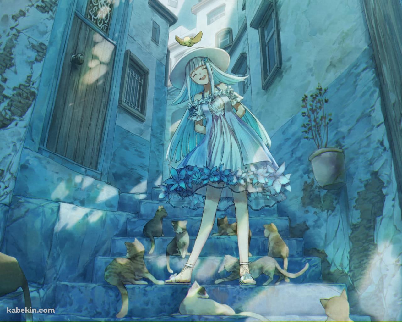 野良猫に囲まれて笑顔のリゼ・ヘルエスタ / にじさんじ / バーチャルYouTuber / ファンアート / イラストの壁紙(1280px x 1024px) 高画質 PC・デスクトップ用