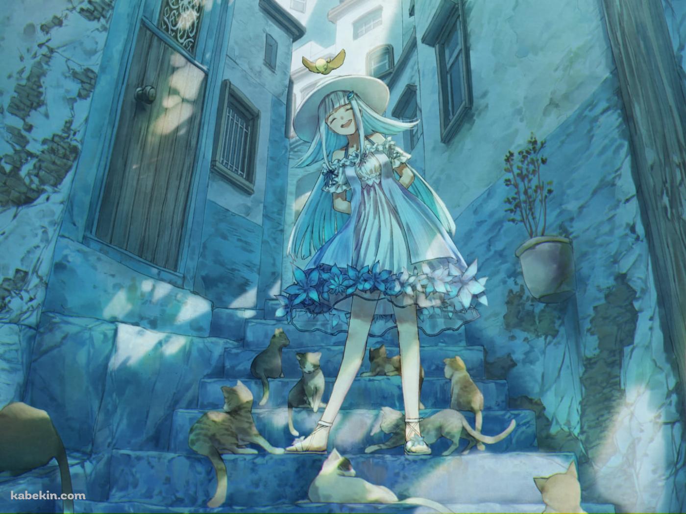 野良猫に囲まれて笑顔のリゼ・ヘルエスタ / にじさんじ / バーチャルYouTuber / ファンアート / イラストの壁紙(1400px x 1050px) 高画質 PC・デスクトップ用